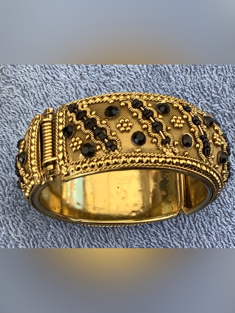 Gold Hinged Bracelet with Black Accent Stones